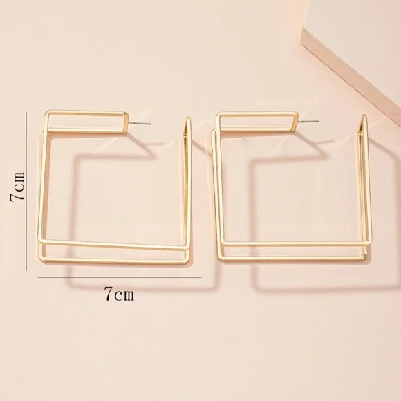 Gold Tone Squared Hoop Earrings Large Square Geometric Shape Metal Iron Yellow - Picture 4 of 5